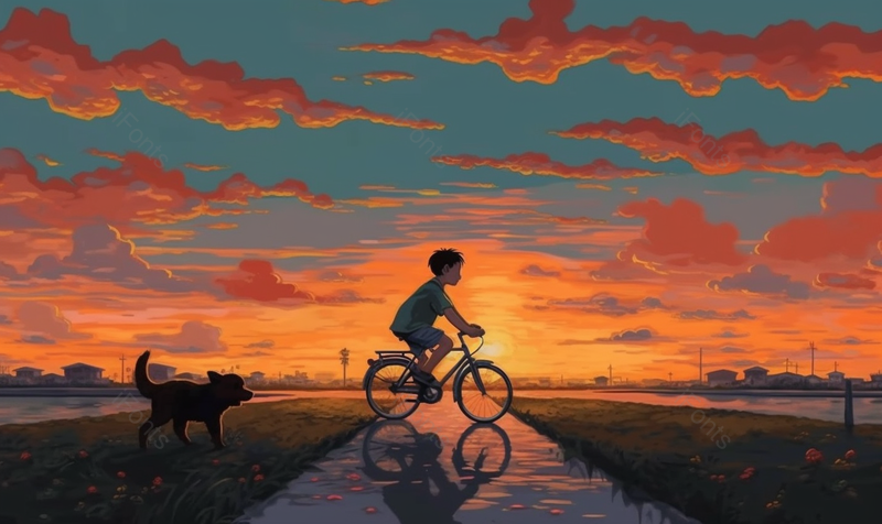 夕阳下路边骑自行车的男孩手绘插画背景图,插画/手绘图,插画/手绘图库,插画/手绘图下载,插画/手绘